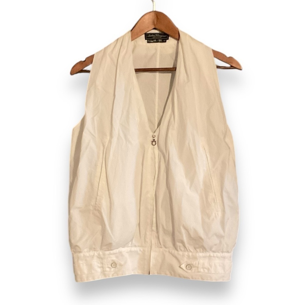 Salvatore Ferragamo White Cotton Zip Gathered Collar Sleeveless Vest Top Size 42